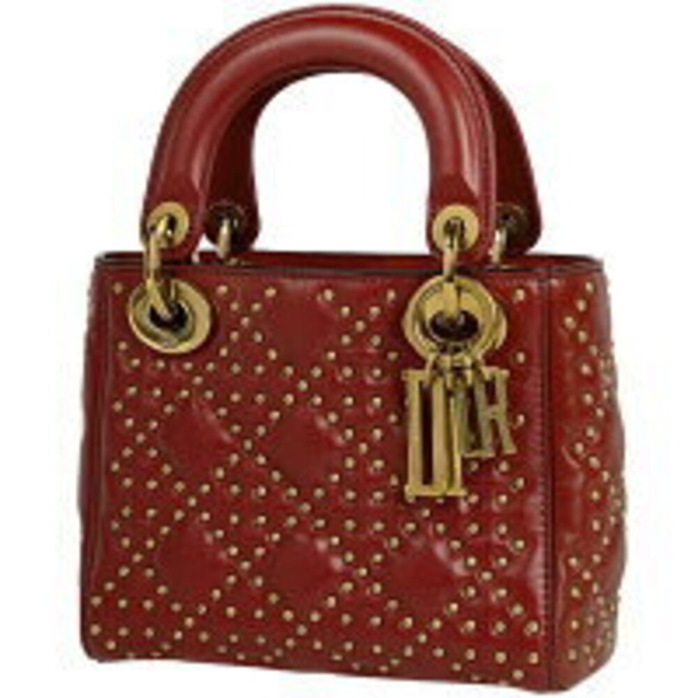 Christian Dior Lady Dior Studded Handbag Red Leather